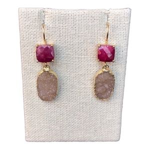 Ruby and Druzy gold plated wire back earrings